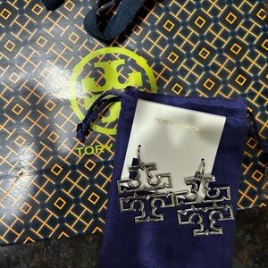 Tory Burch Silver Britton Logo Earrings NWT